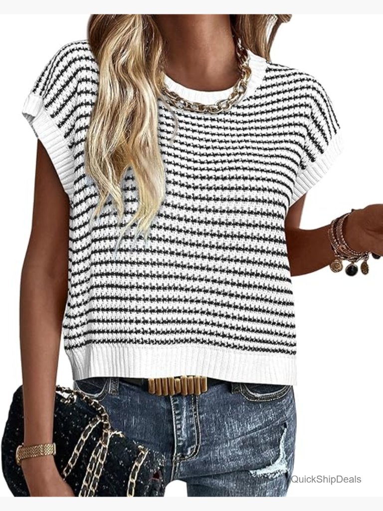 100% Cotton Striped Sweater Vest, Cap Sleeve Pullover, Lightweight Knit Top